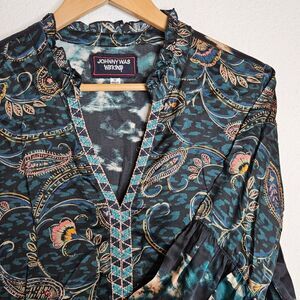 Johnny Was workshop, Twilight Shadow ruffled peasant silk top, size medium